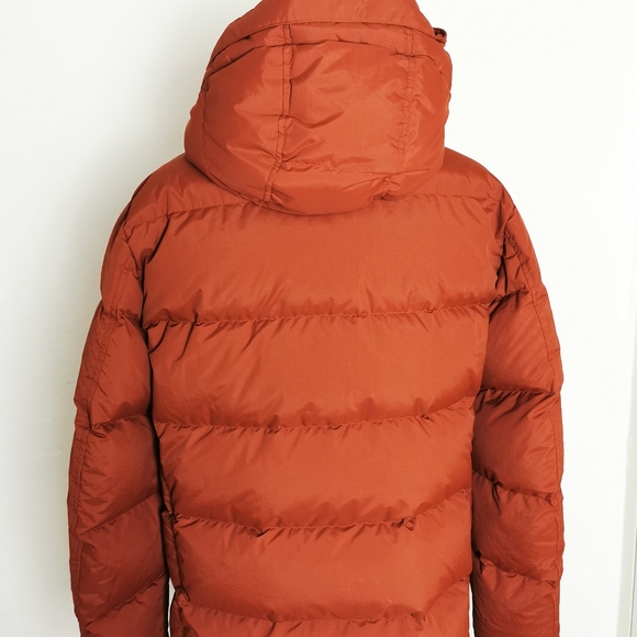 Uniqlo Puffer Jacket sz XS Womens Orange Rust colour duck down Hooded Velcro zip - Picture 4 of 13